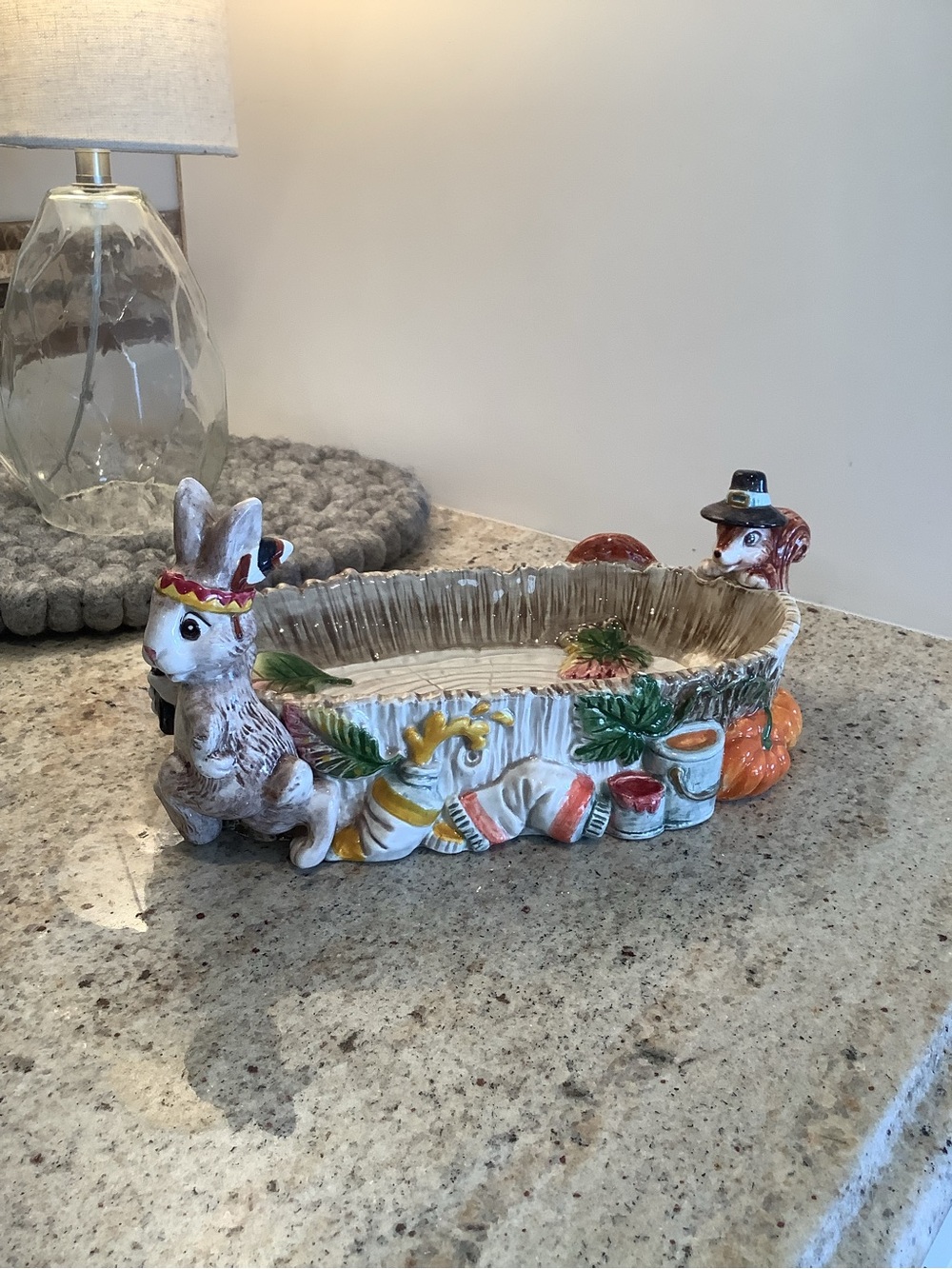 Fitz & Floyd Paint Party Bunny & Squirrels Fall Centerpiece Cranberry Bowl